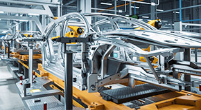 Machine building a car in a factory