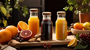 Natural juices in bottles served with fruits on a wooden cutting board on a brown table