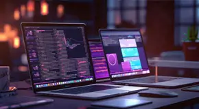 A row of laptops brightly displaying colorful business analytics, graphs and charts