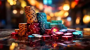 Close up and shallow-depth focus of colorful poker chips stacked high with glowing light bokeh floating around them