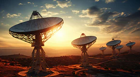 Satellite dishes spread out across open land