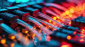 Fiber Optic cables connected to optic ports and network cables connected to ethernet ports