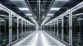 Well lit, white-floored server room