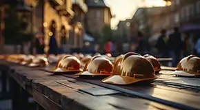 Construction hard hats in a row