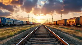 Railway track with a string of container trains